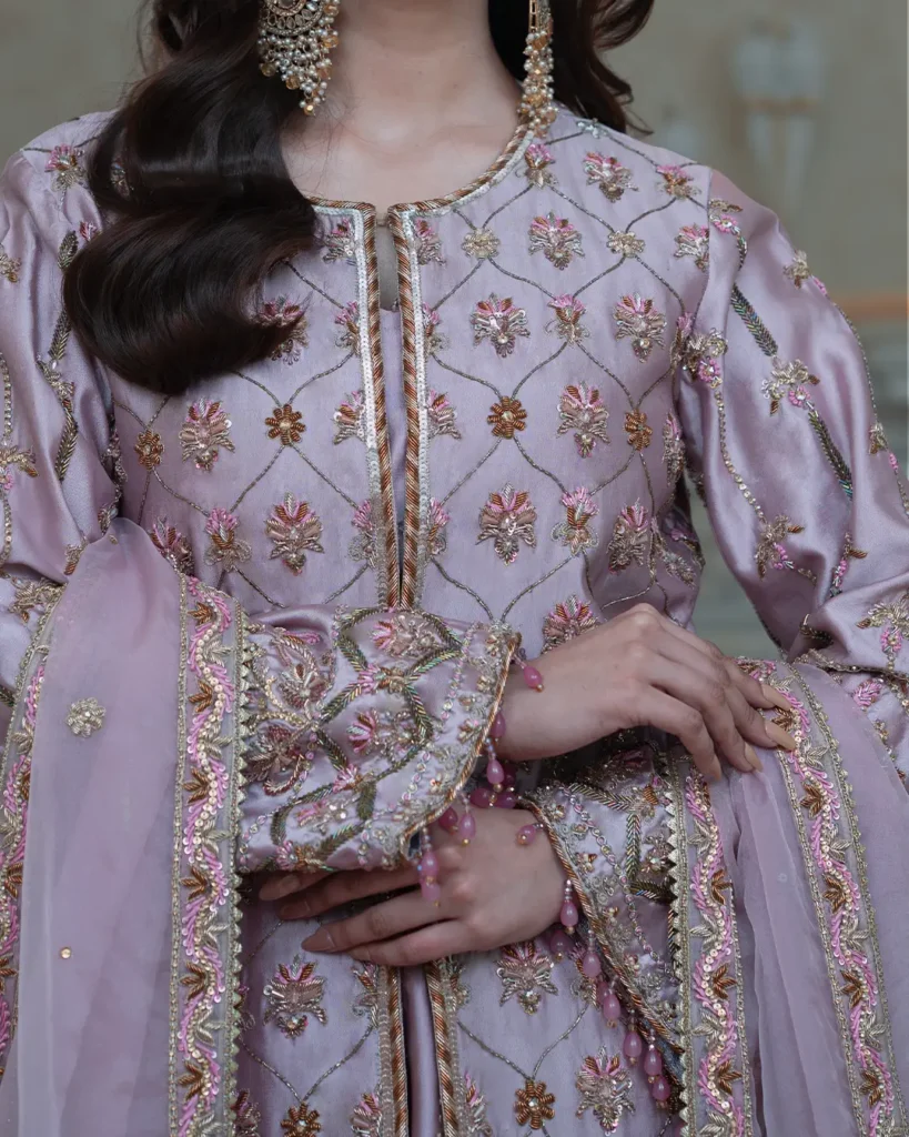 lilac front open gown with gold embroidered sharara and dupatta