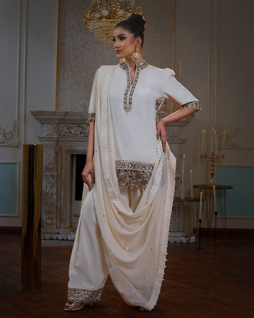 ivory embroidered 3 piece suit with gold thread embroidery and dupatta