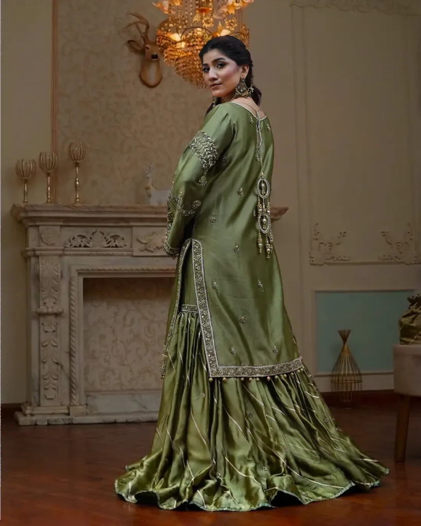 sage green embroidered sharara suit with floral threadwork and dupatta