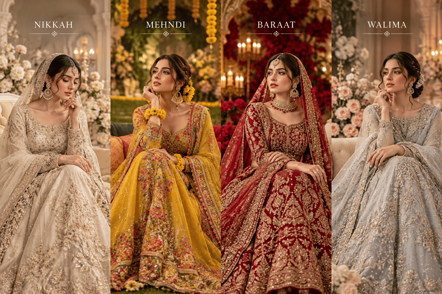 Bridal dress colours for Nikkah Mehndi Baraat and Walima