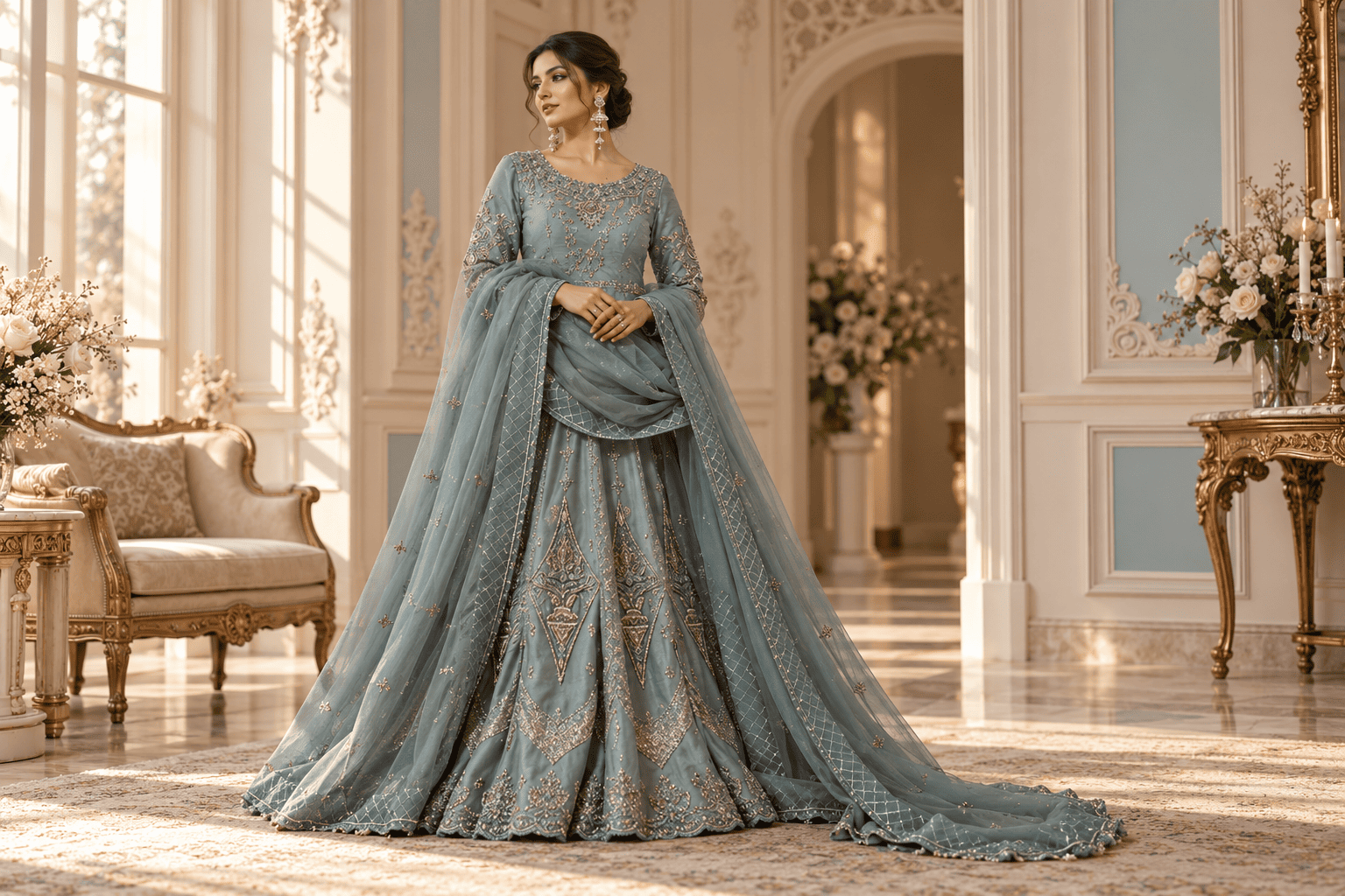 Mehndi outfit guide for UK bride wearing hand embroidered bridal dress