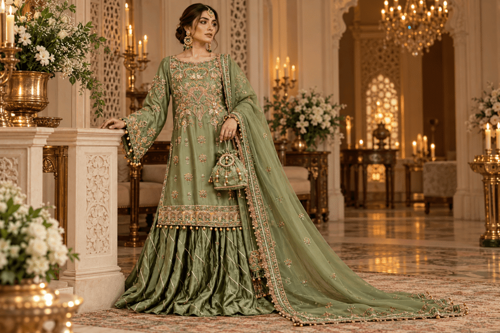 Pakistani bridal embroidery techniques including zardozi and dabka handwork