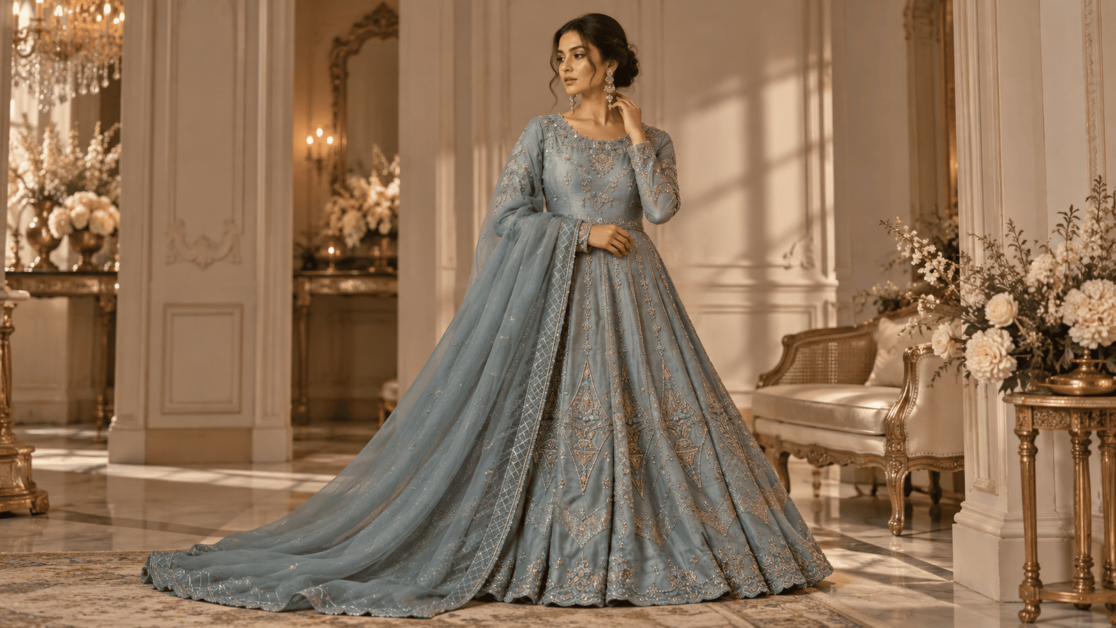 Walima dress guide for UK bride wearing hand embroidered reception bridal wear